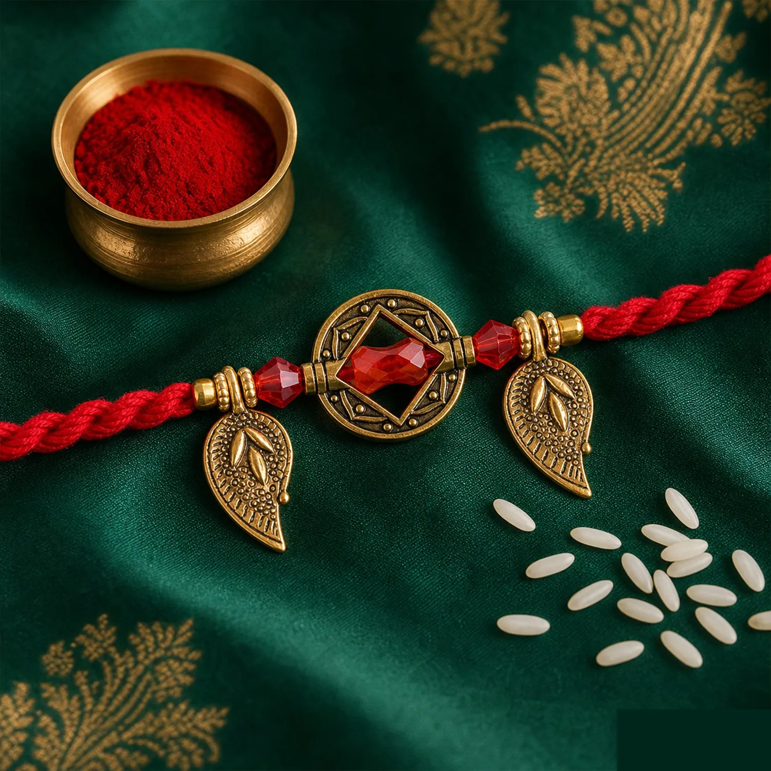 Classic Geometric Square Bhai Bhabhi Rakhi with Gem Center and Leaf Charms for Gift - Detailed Feature View 3