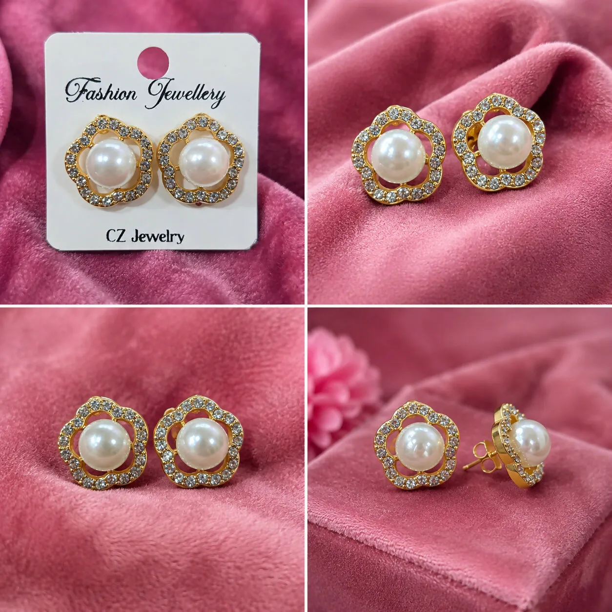Pearl Bloom Gold-Tone Stud Earrings with Sparkling Crystal Border for Women - Detailed Feature View 2