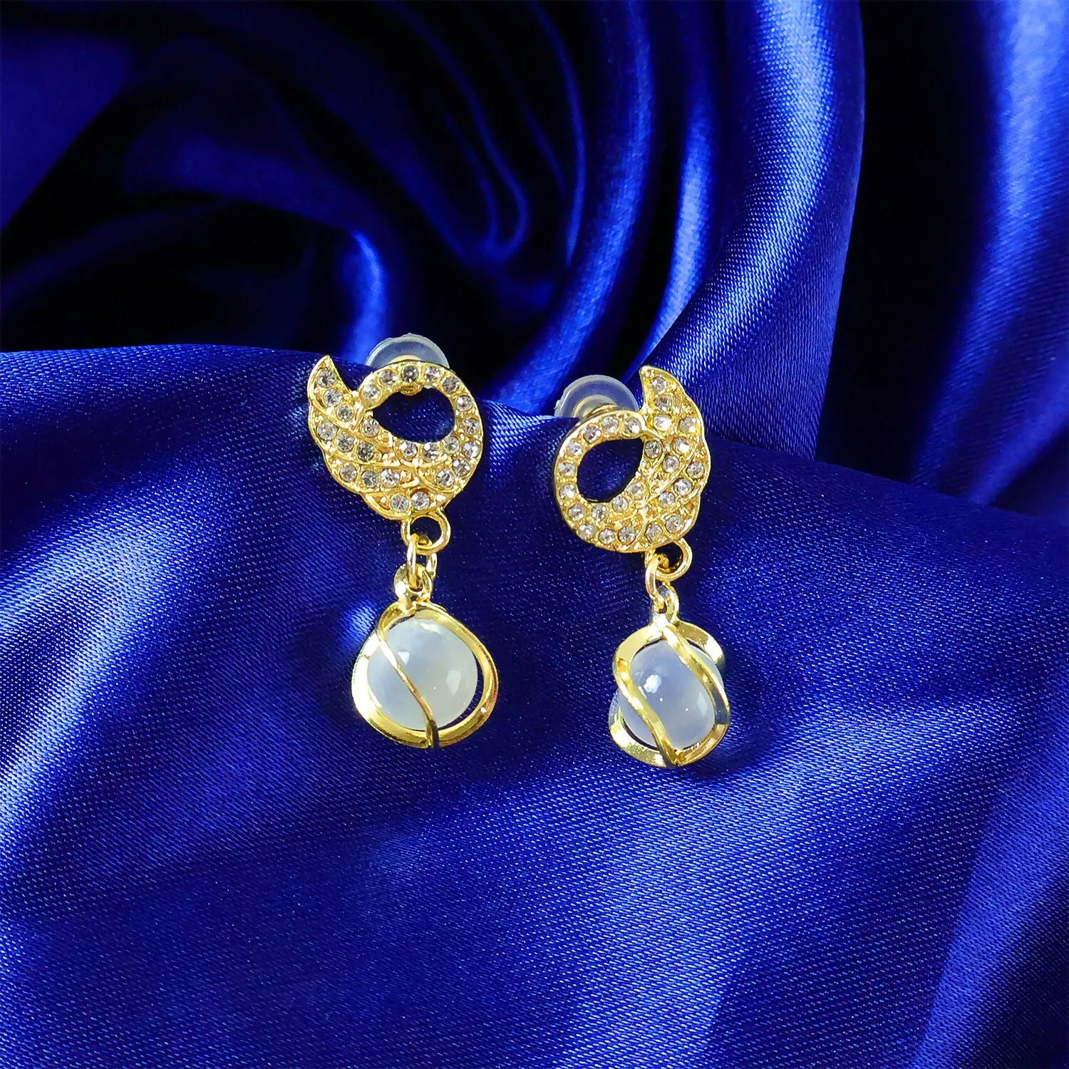 Swan Earrings – Crystal Encrusted with Pearly Cat-Eye Drop - Detailed Feature View 1