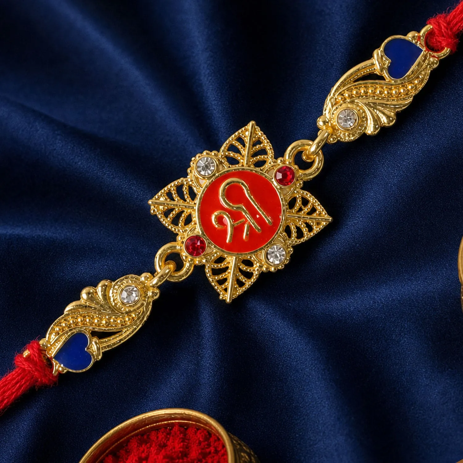 Premium Festive Rakhi featuring Shri Plaque, leaf detail and thread style for Product Display - Buy Online at Alikart