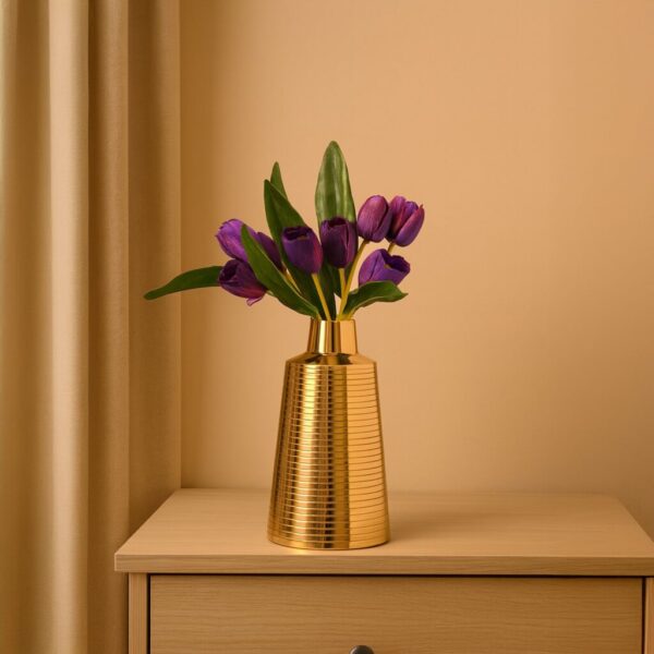 VON CASA Shiny Gold Vase – Truncated Cone (Shiny & Ribbed Design)