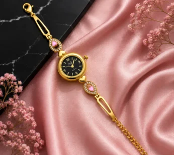 Elegant Gold-Tone Heart Crystal Bracelet Watch for Women – Luxury Analog Wrist Watch with Black Dial