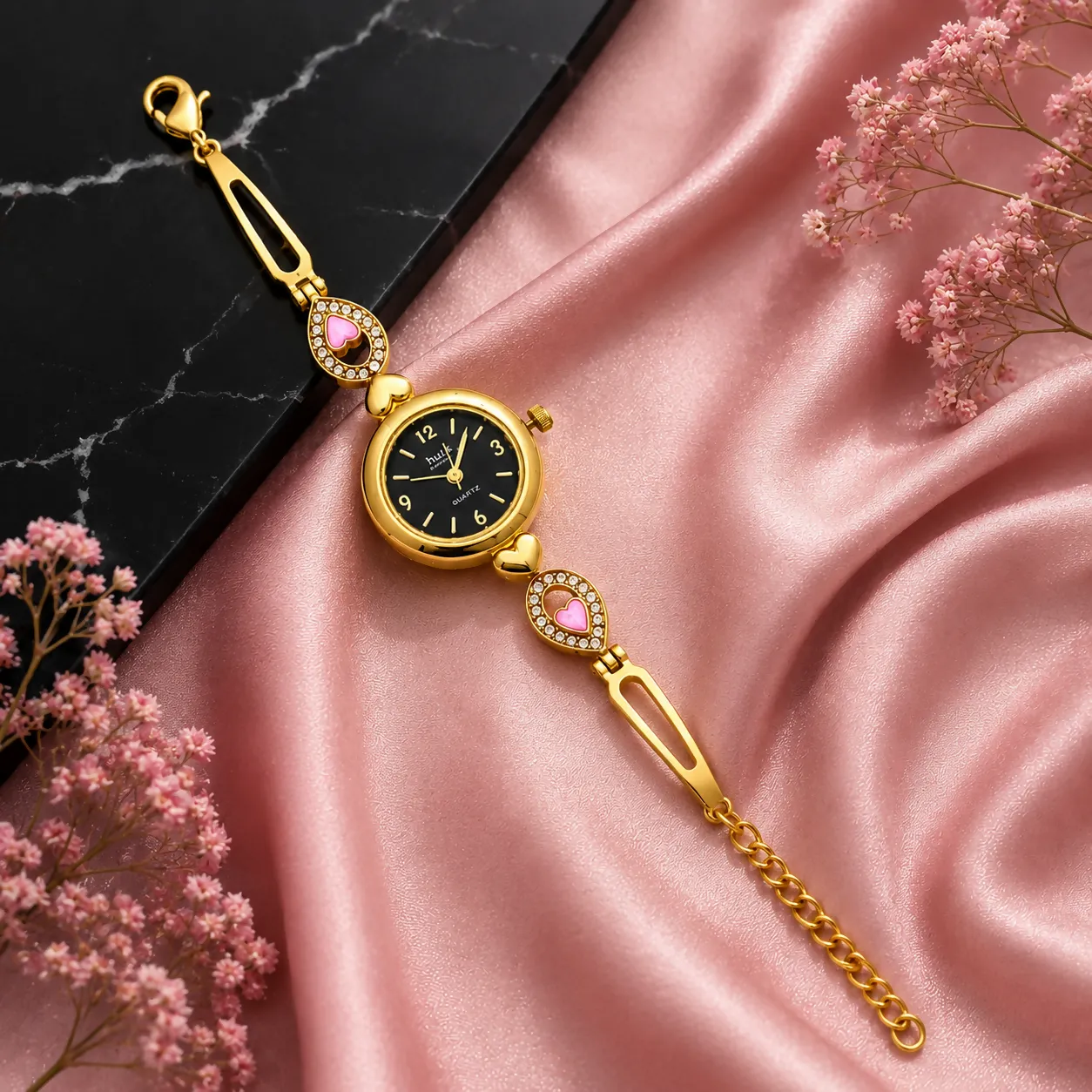 Premium Elegant Gold-Tone Heart Crystal Bracelet Watch for Women – Luxury Analog Wrist Watch with Black Dial - Buy Online at Alikart