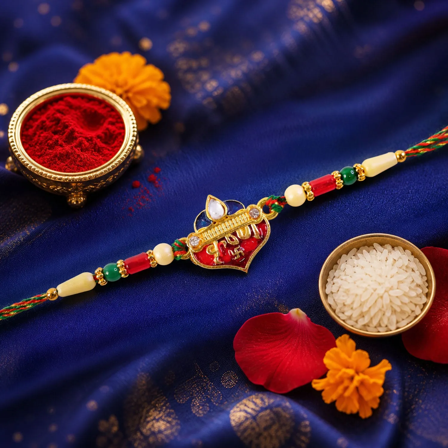Premium Elegant Rakhi featuring Ram Heart Plaque and ornate work in display look for Gift Use - Buy Online at Alikart