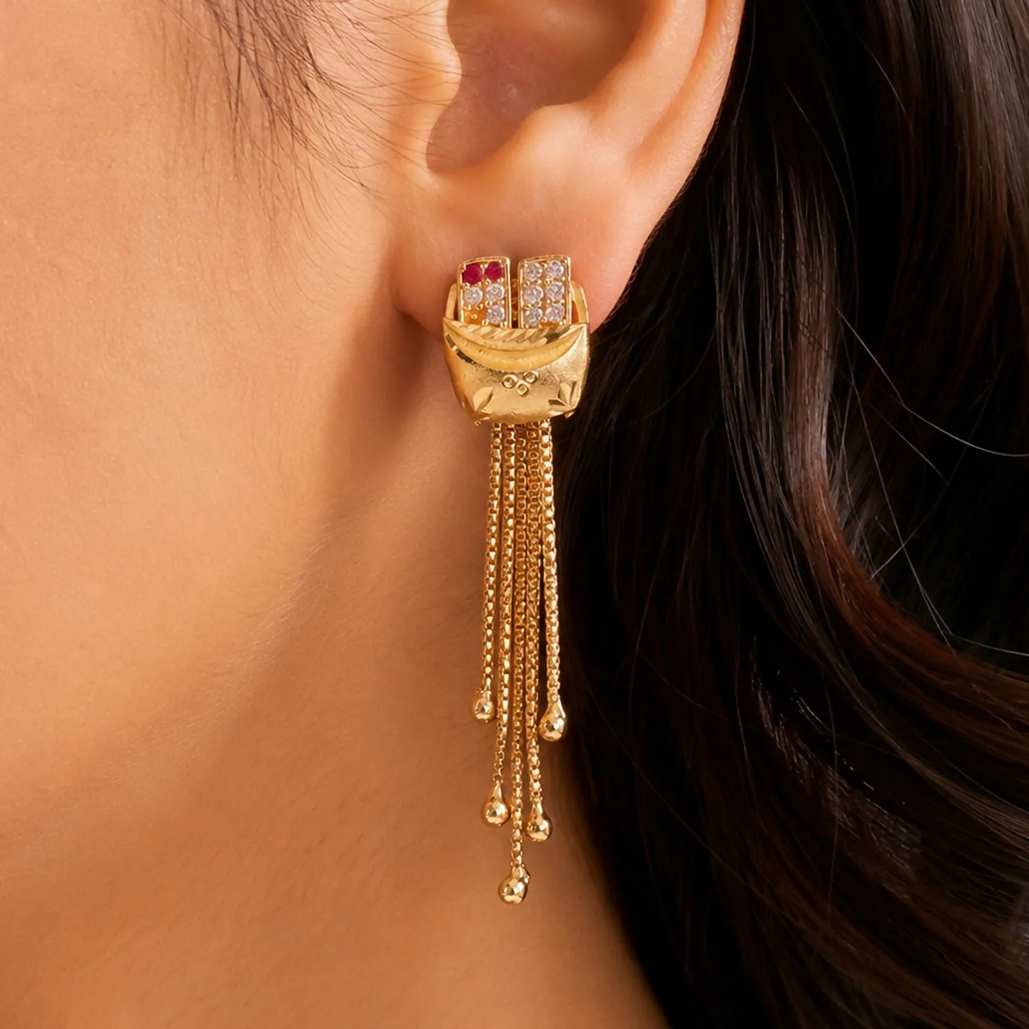 Gold Plated Boat Shape Textured Dangle Earrings with Multi Chain Tassel Drop Design - Detailed Feature View 2