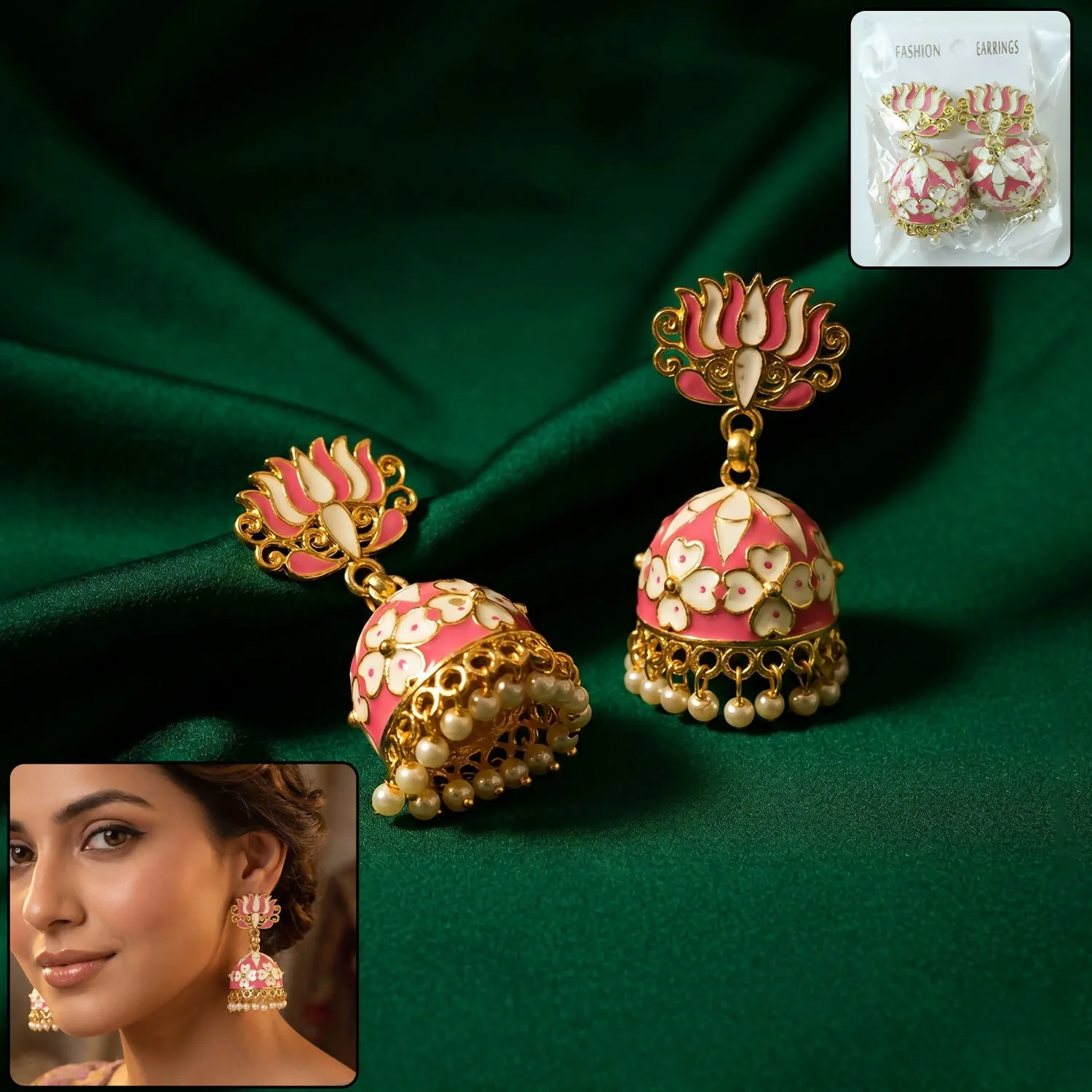 Premium Pink Lotus Jhumka Earrings – Elegant Festive Accessories - Buy Online at Alikart