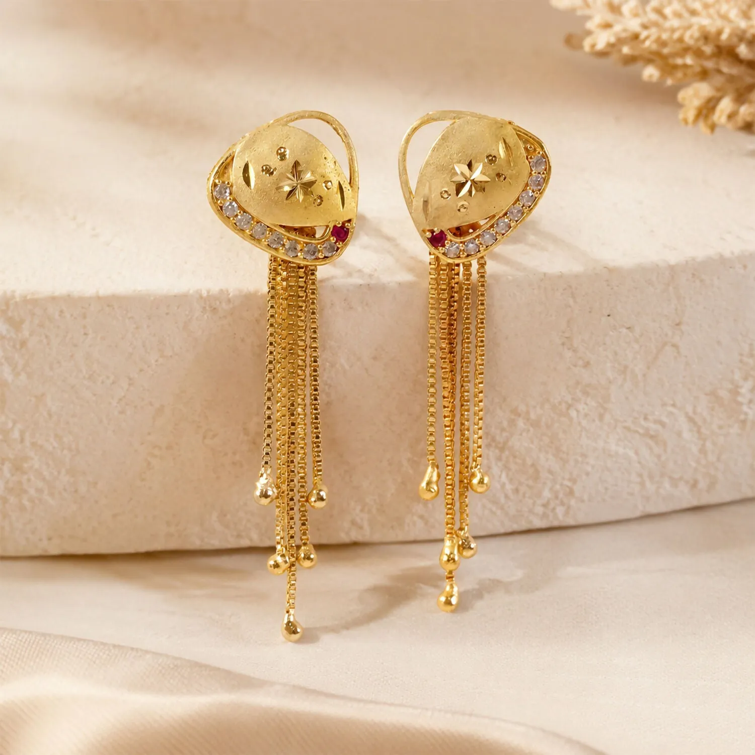 Gold Plated Shield Motif Dangle Earrings with Multi Chain Tassel Drop Design - Detailed Feature View 3