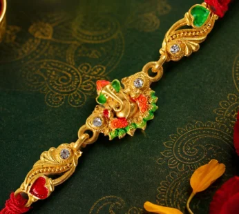 Gold-Toned Lord Ganesha Rakhi with Orange-Green Enamel, Crystal Accents & Red Thread