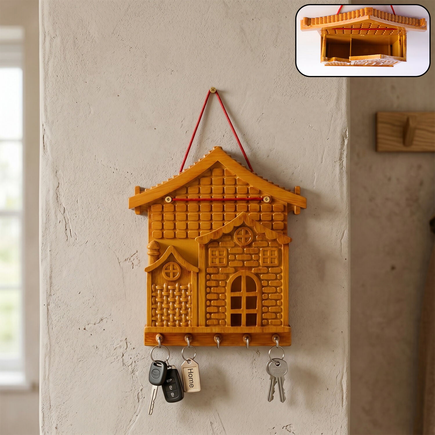 Wall-Mounted Wooden Key Holder – Stylish & Space-Saving Organizer - Detailed Feature View 1