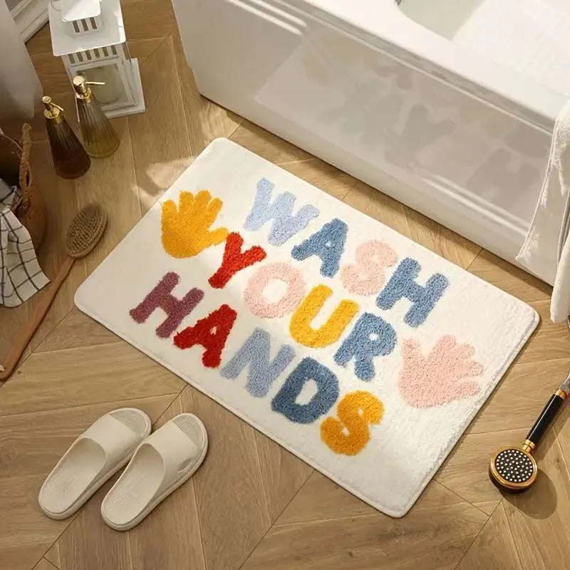 Premium Wash Your Hands Non-Slip Bathroom Mat – 40×60 cm Soft Polyester Rug with PVC Anti-Skid Backing for Modern Bathrooms - Buy Online at Alikart