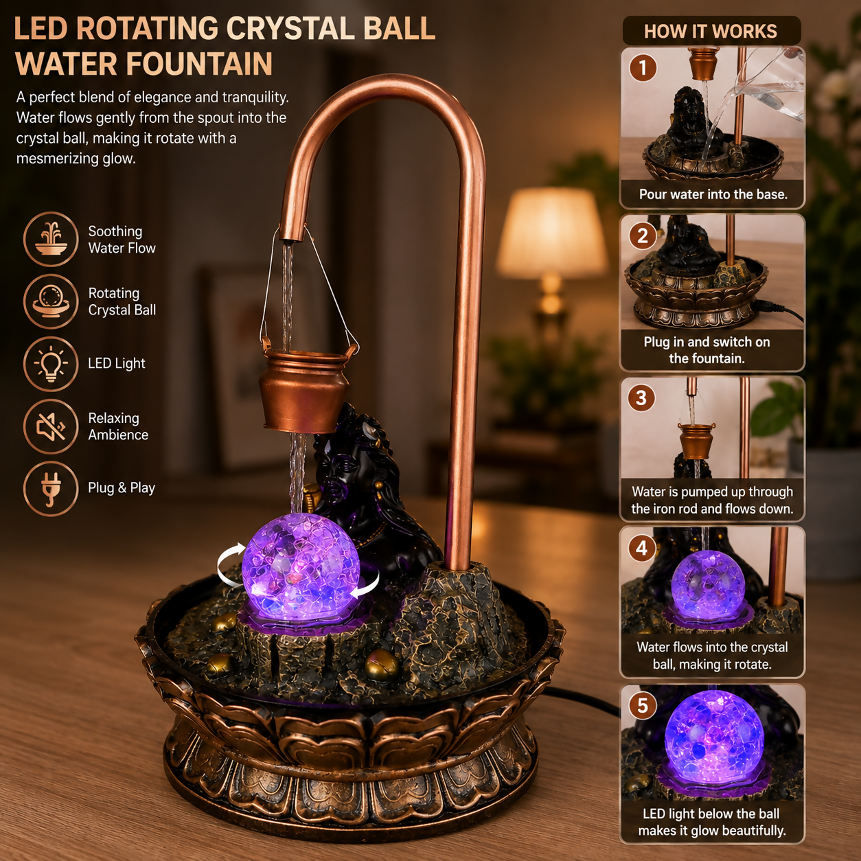 Water Fountain with Rotating Crystal Ball & Shiv Statue for Home Decor - Detailed Feature View 3
