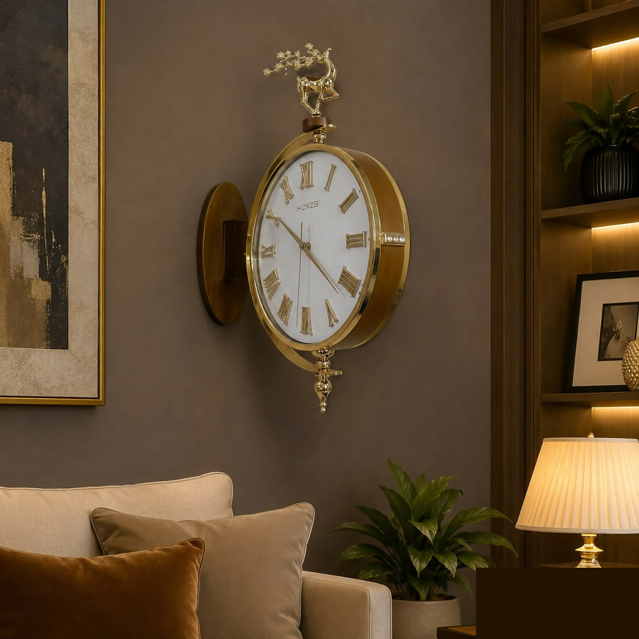 White Dial Luxury Double Sided Hanging Wall Clock with Deer Decor - Detailed Feature View 1