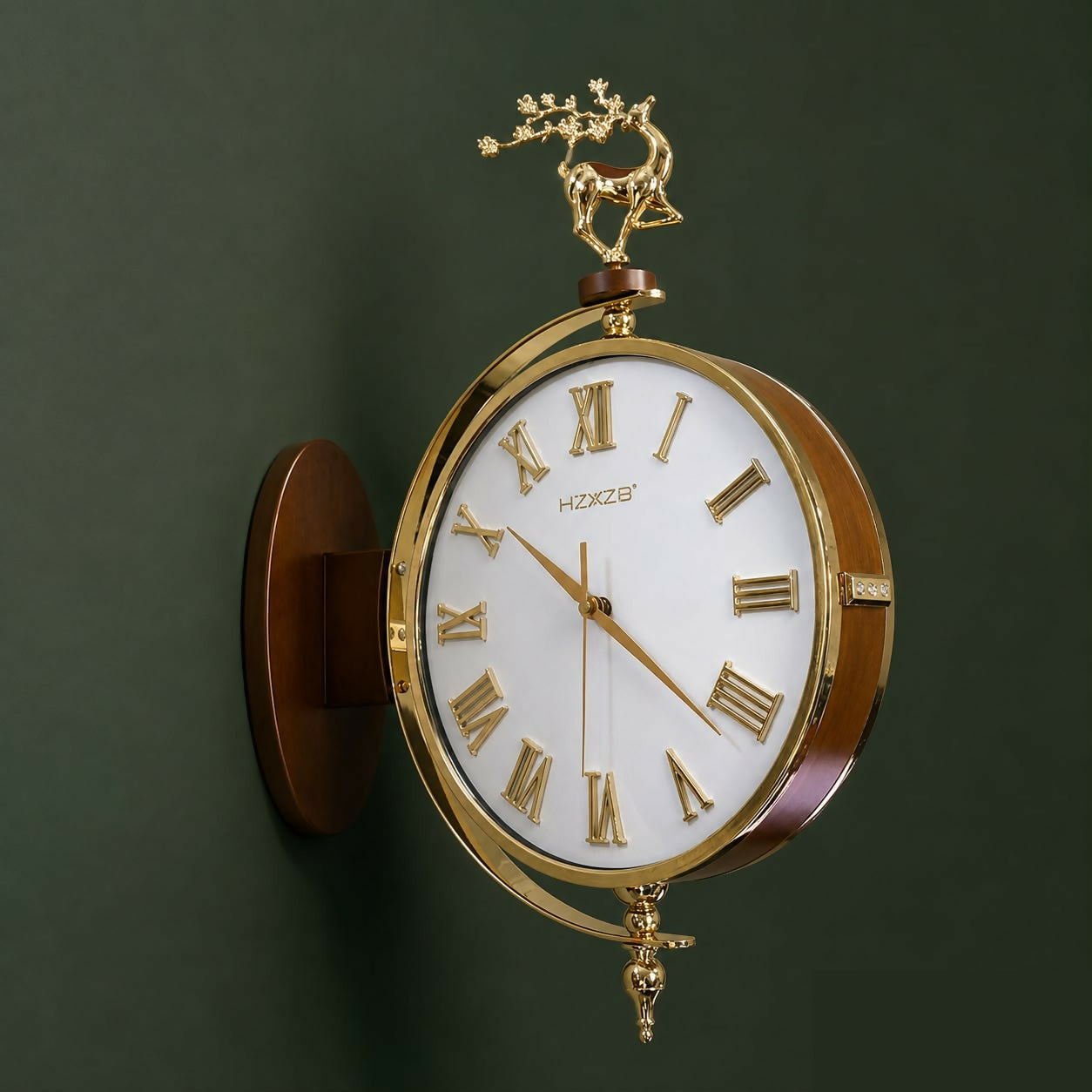 White Dial Luxury Double Sided Hanging Wall Clock with Deer Decor - Detailed Feature View 2