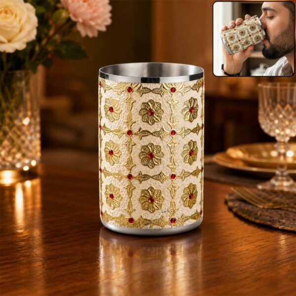 White Meenakari Peacock Design Stainless Steel Drinking Glass for Home & Festive Use