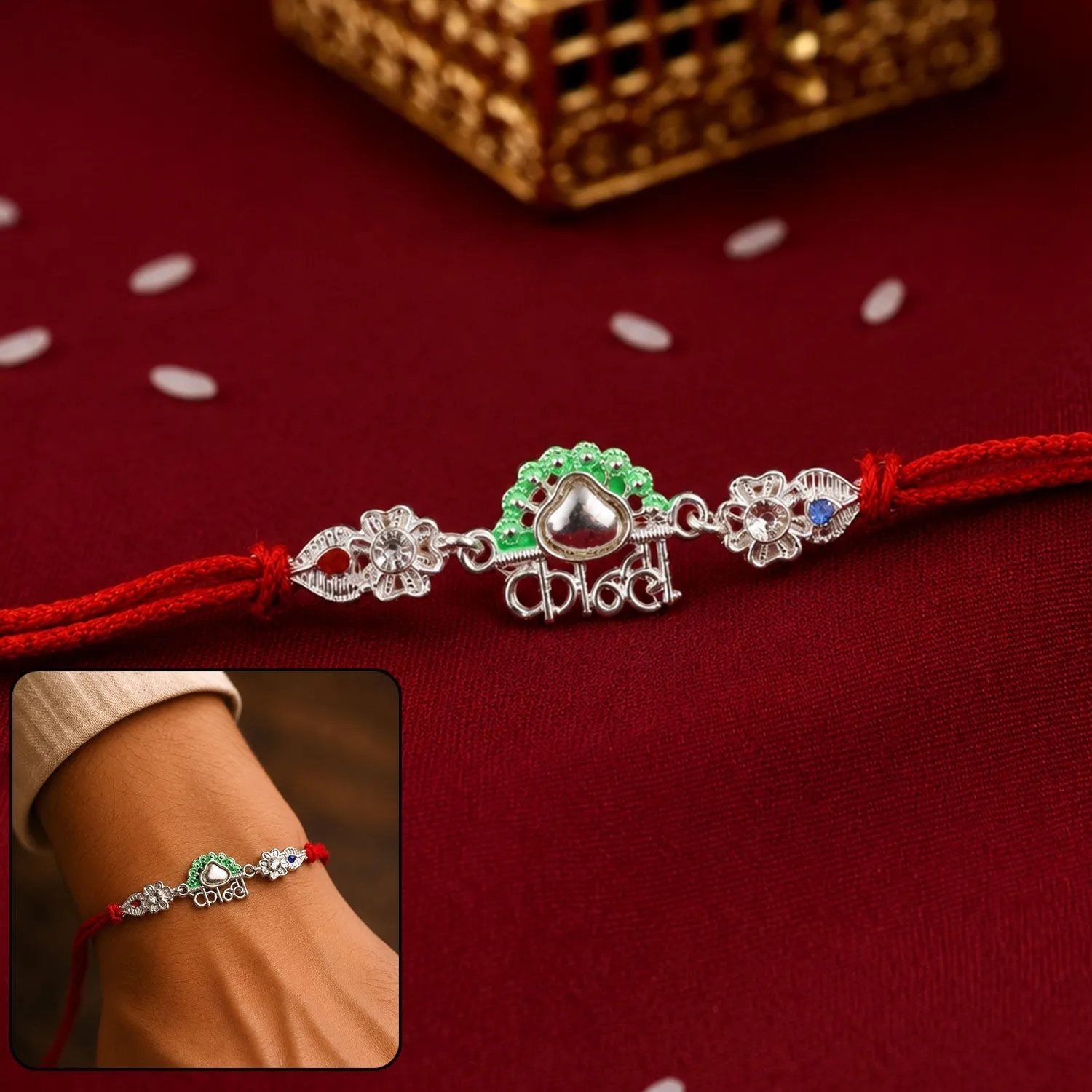 Premium Rakhi for Brother – Traditional Silver Kanha Mor Charm with Dori - Buy Online at Alikart