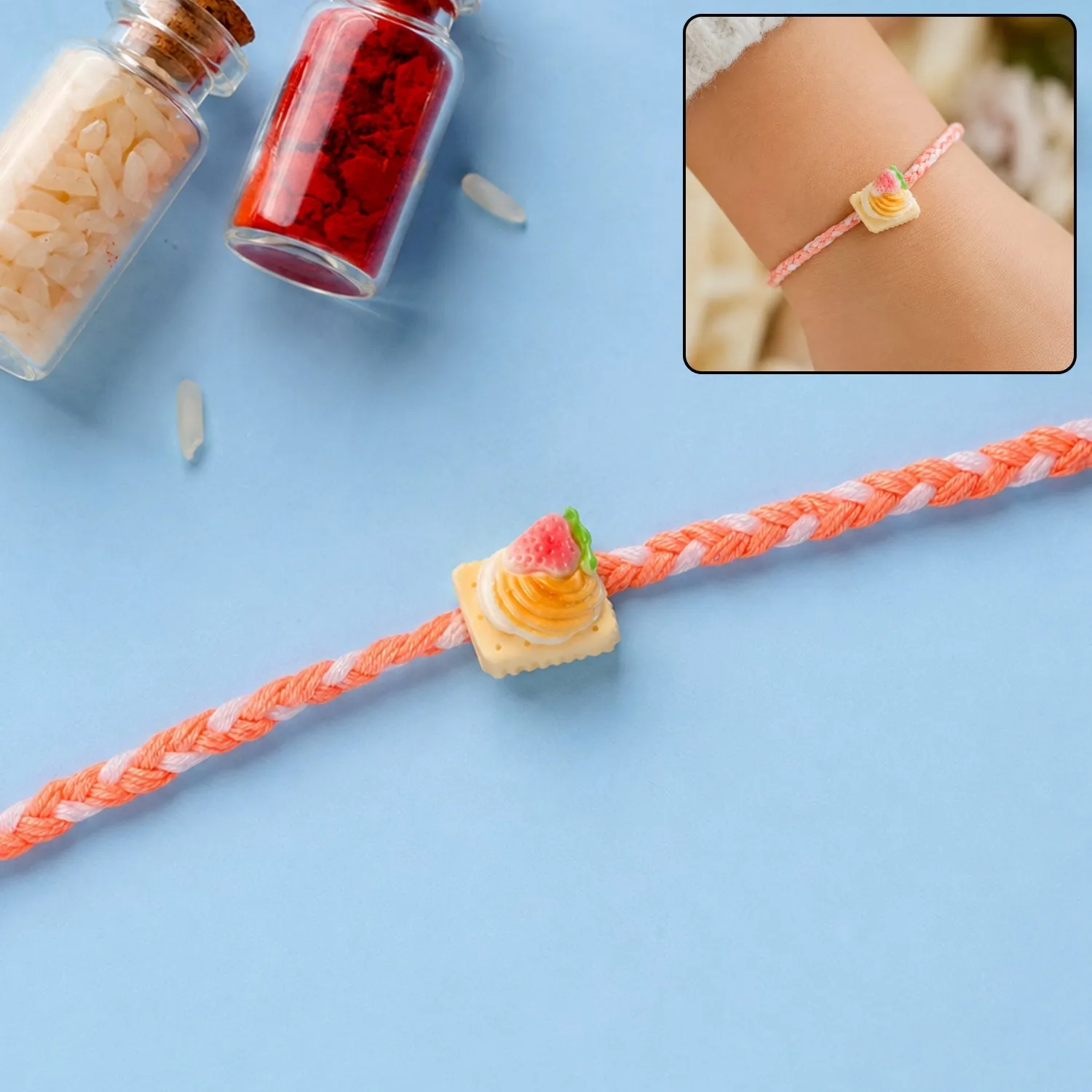 Premium Cute Strawberry Biscuit Braided Rakhi for Brother – Unique festival gift - Buy Online at Alikart