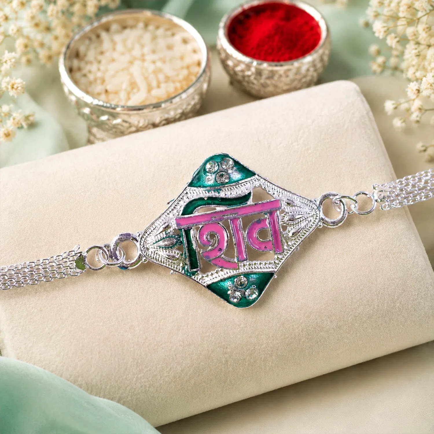 Premium Shiv Text Diamond Shape Designer Chain Rakhi for Brother - Buy Online at Alikart