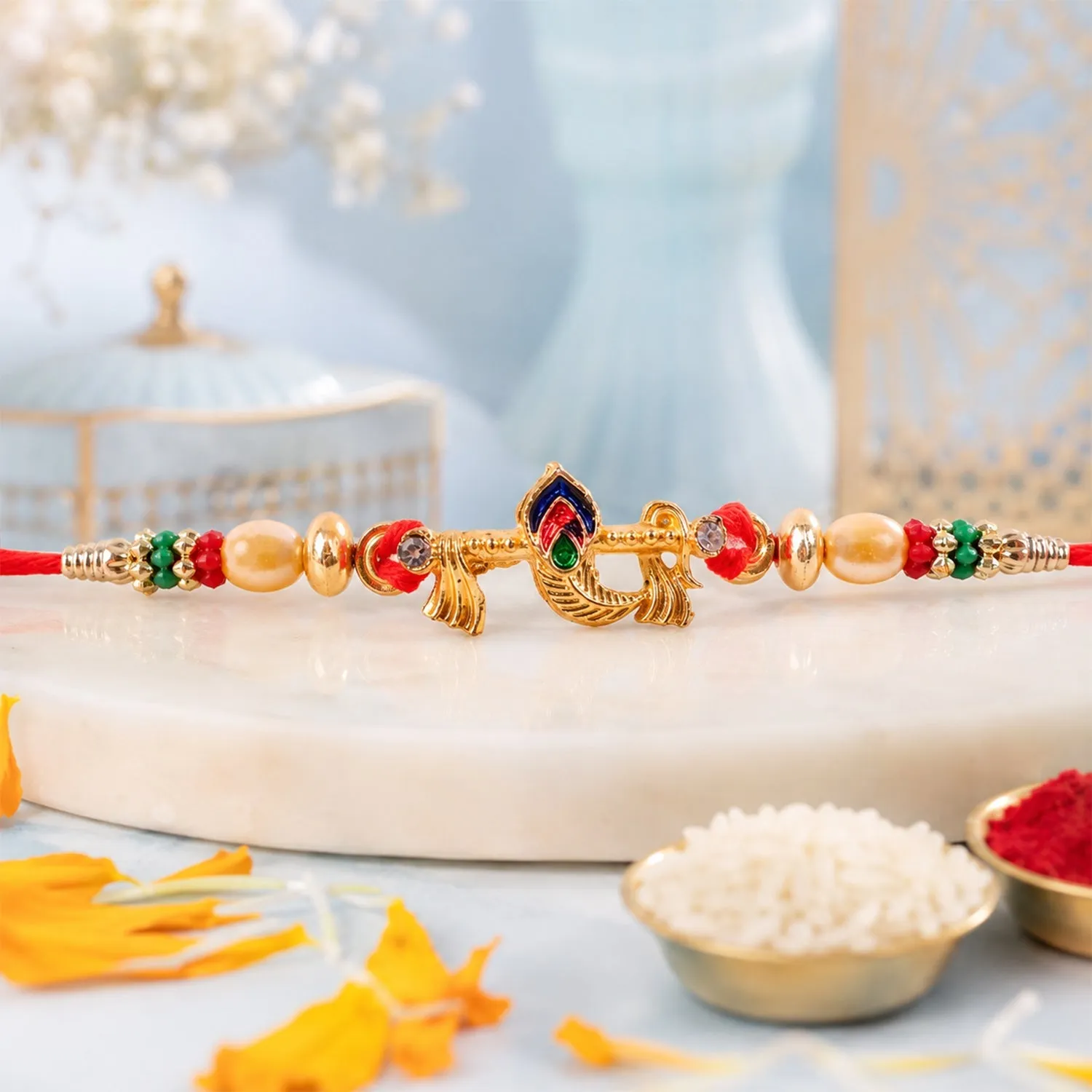 Premium Bansuri Mor Pankh Rakhi – Divine Design with Pearls & Beads - Buy Online at Alikart