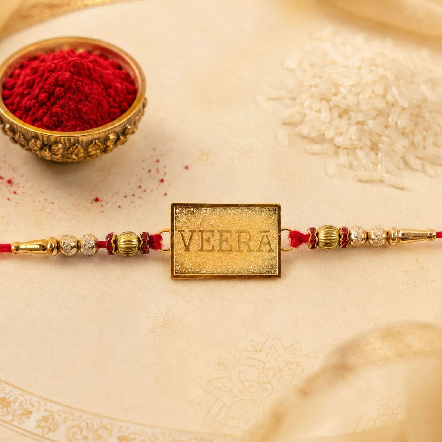 Premium Traditional Rakhi for Brother – Veera Text Square Beaded Design - Buy Online at Alikart