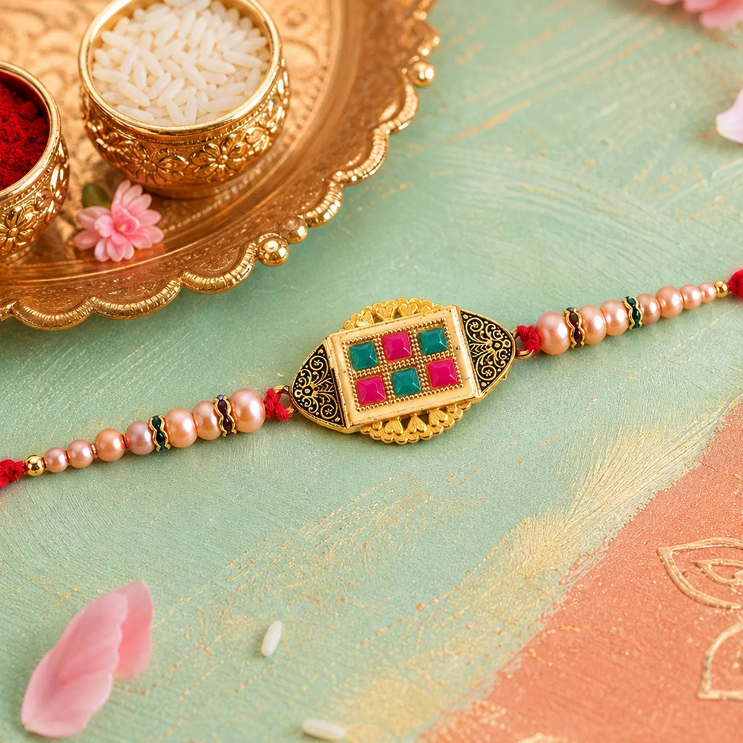 Premium Kundan Stone Rakhi for Brother – Pearl Beadwork Design - Buy Online at Alikart