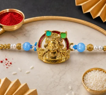 Gold-Toned Khatu Shyam Rakhi with Blue and Pearl Beads for Raksha Bandhan