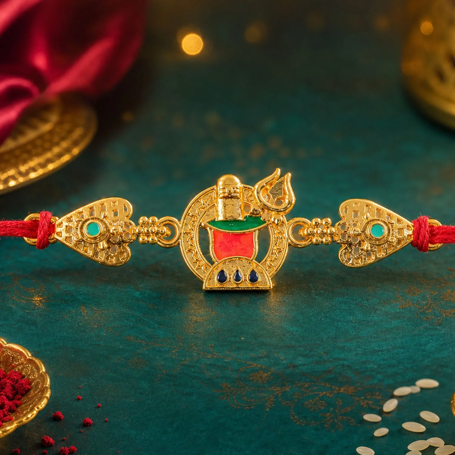 Premium Gold-Toned Shivling Trishul Rakhi with Enamel Work for Raksha Bandhan - Buy Online at Alikart