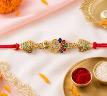 Gold-Toned Peacock Rakhi with Colorful Enamel and Stones for Raksha Bandhan