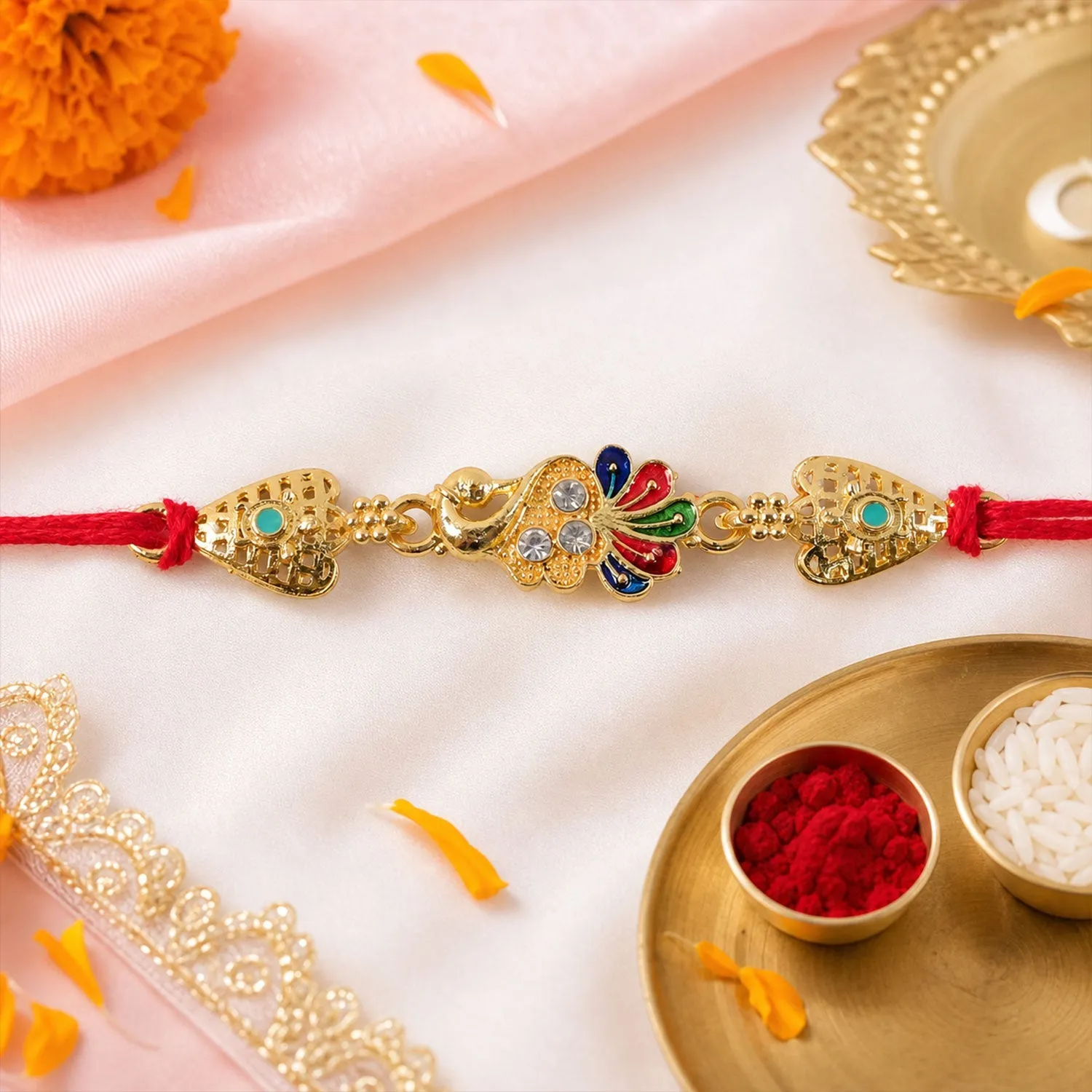 Premium Gold-Toned Peacock Rakhi with Colorful Enamel and Stones for Raksha Bandhan - Buy Online at Alikart