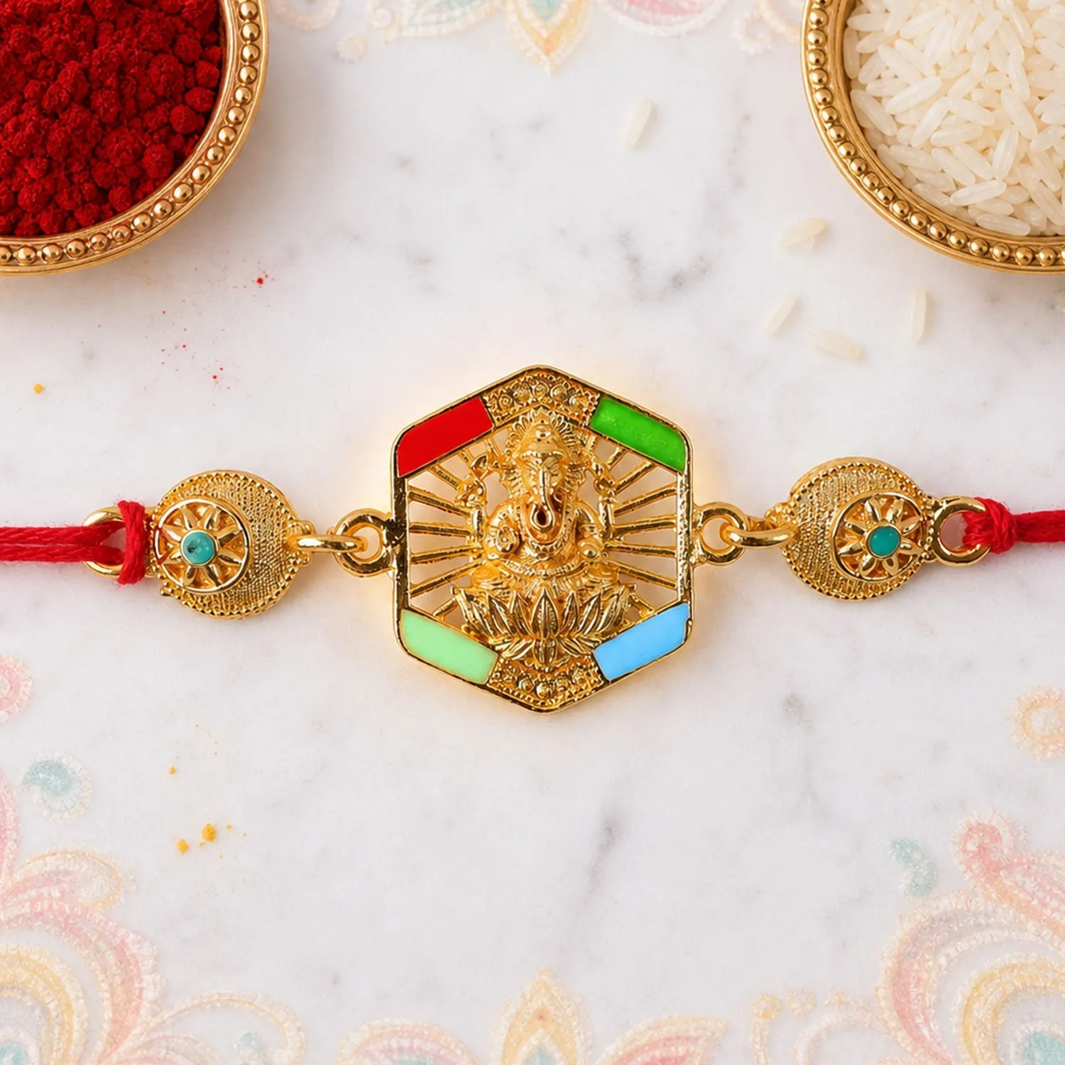 Premium Gold-Toned Lord Ganesha Rakhi with Colorful Enamel for Raksha Bandhan - Buy Online at Alikart