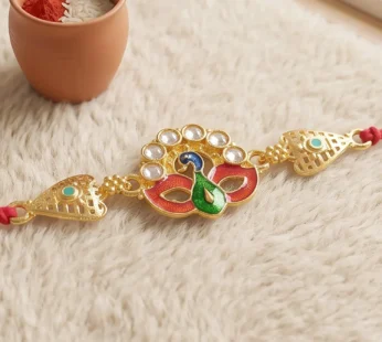 Gold-Toned Peacock Rakhi with Kundan Stones and Enamel for Raksha Bandhan