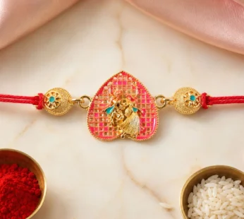 Gold-Toned Radha Krishna Rakhi with Pink Enamel for Raksha Bandhan