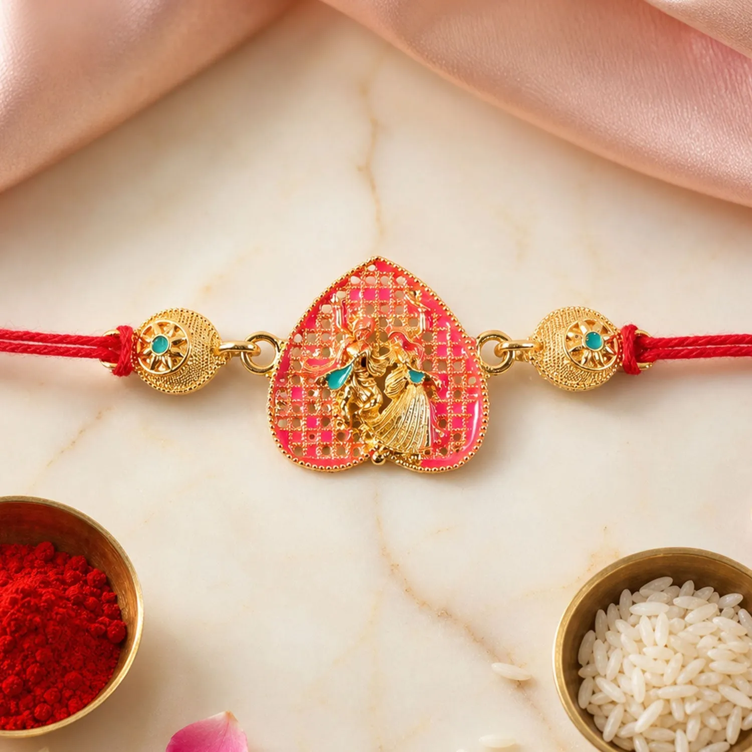 Premium Gold-Toned Radha Krishna Rakhi with Pink Enamel for Raksha Bandhan - Buy Online at Alikart