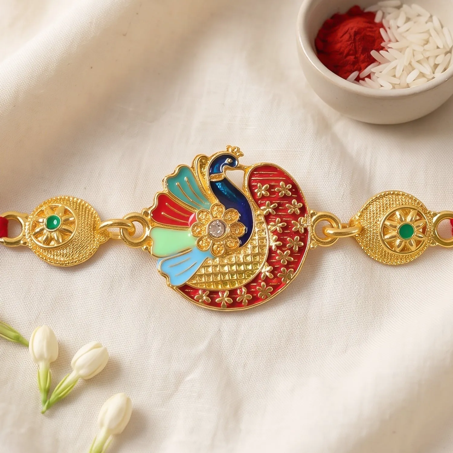 Premium Gold-Toned Peacock Rakhi with Floral Enamel Design for Raksha Bandhan - Buy Online at Alikart