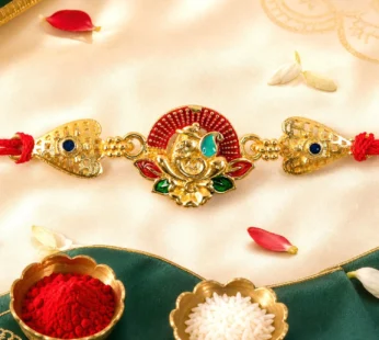 Gold-Toned Lord Ganesha Rakhi with Lotus Enamel for Raksha Bandhan