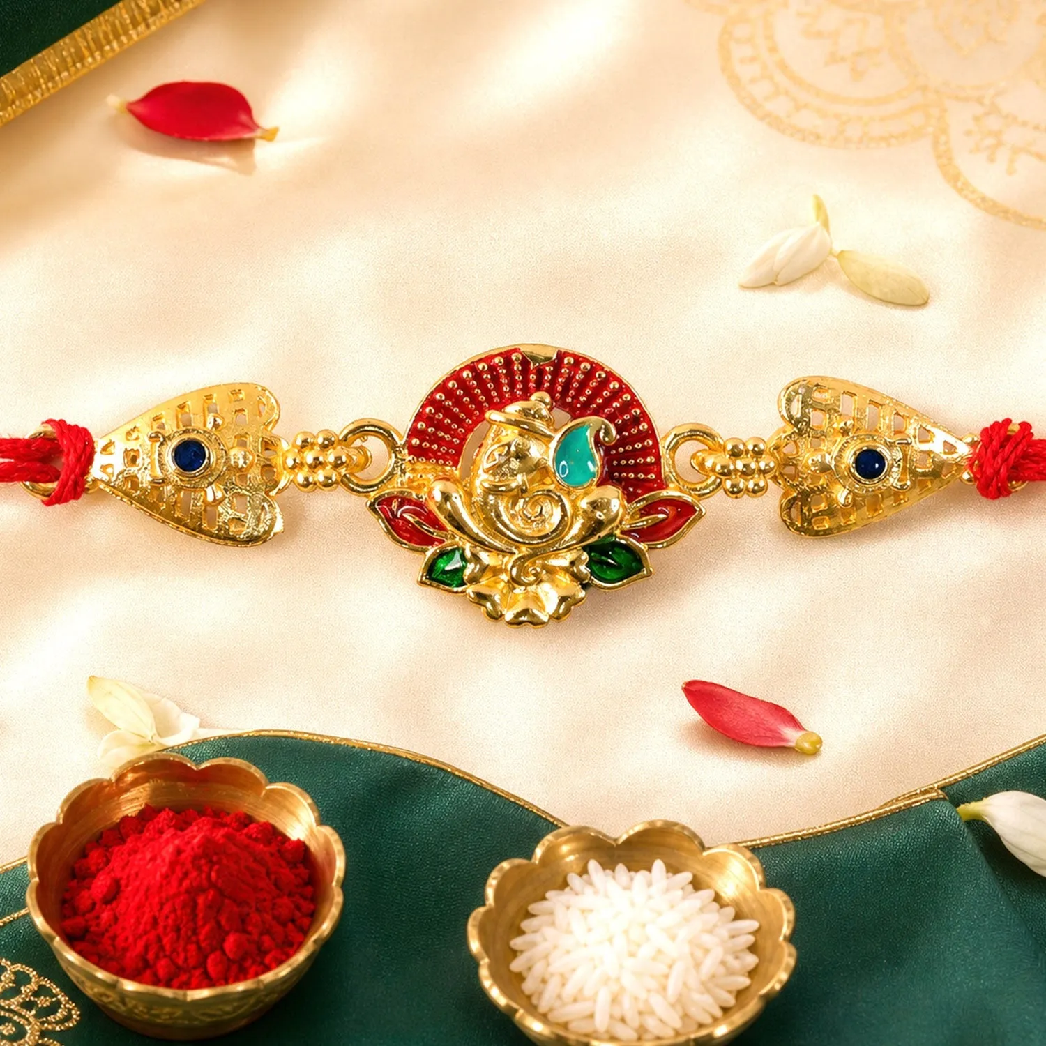 Premium Gold-Toned Lord Ganesha Rakhi with Lotus Enamel for Raksha Bandhan - Buy Online at Alikart