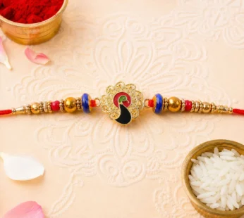 Elegant Gold-Toned Peacock Rakhi with Colorful Beads and Intricate Enamel Work