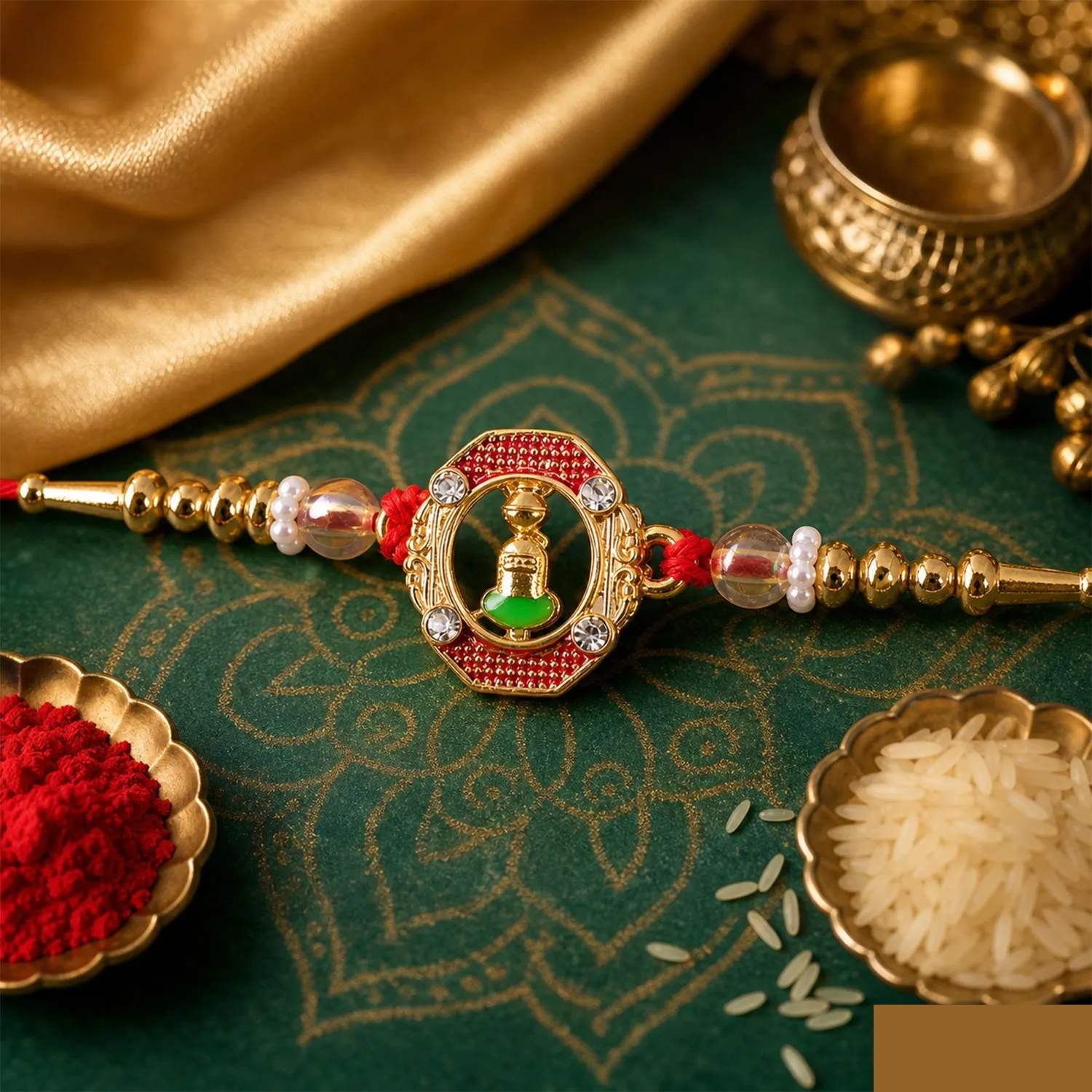 Blessed Shivling Rakhi Set in Red Enamel Frame with Stones and Transparent Beads