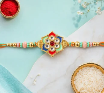 Vivid Floral Rakhi Defined by Mirror Stones, Pastel Beads and Multicolor Thread