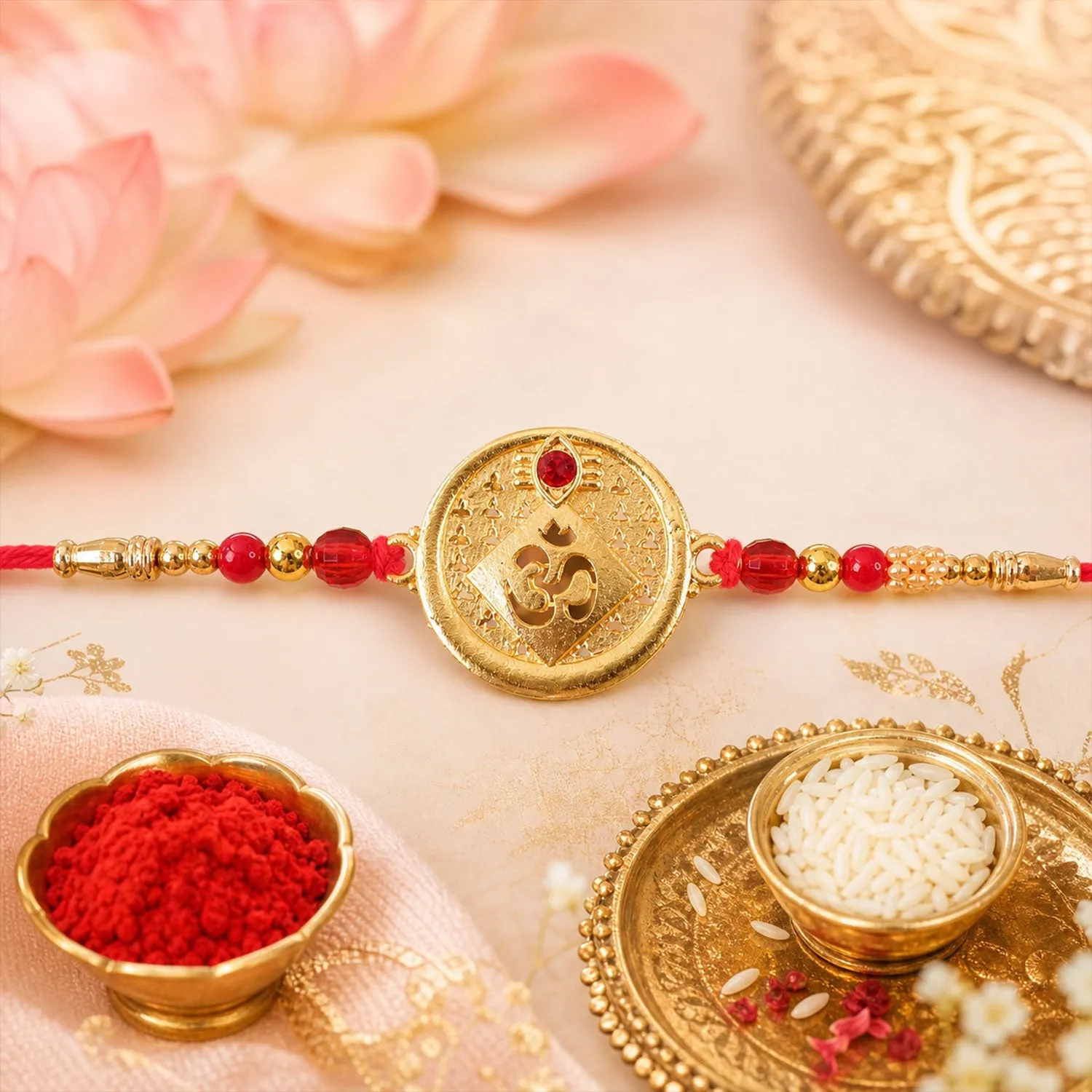 Premium Om Coin Designer Rakhi with Stone Beaded Detail - Buy Online at Alikart