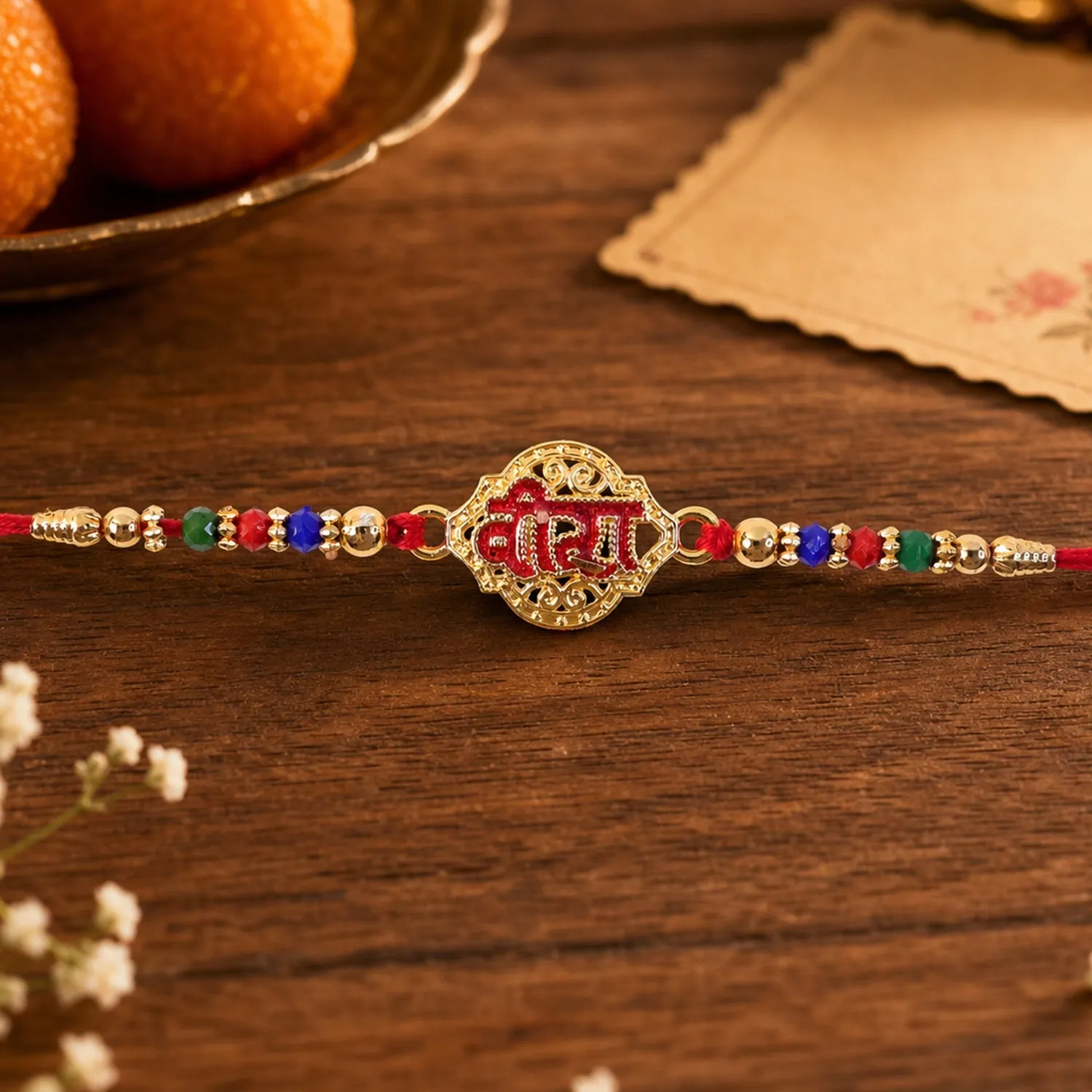 Premium Designer Rakhi Veera Text Beaded with Stones for Brother - Buy Online at Alikart