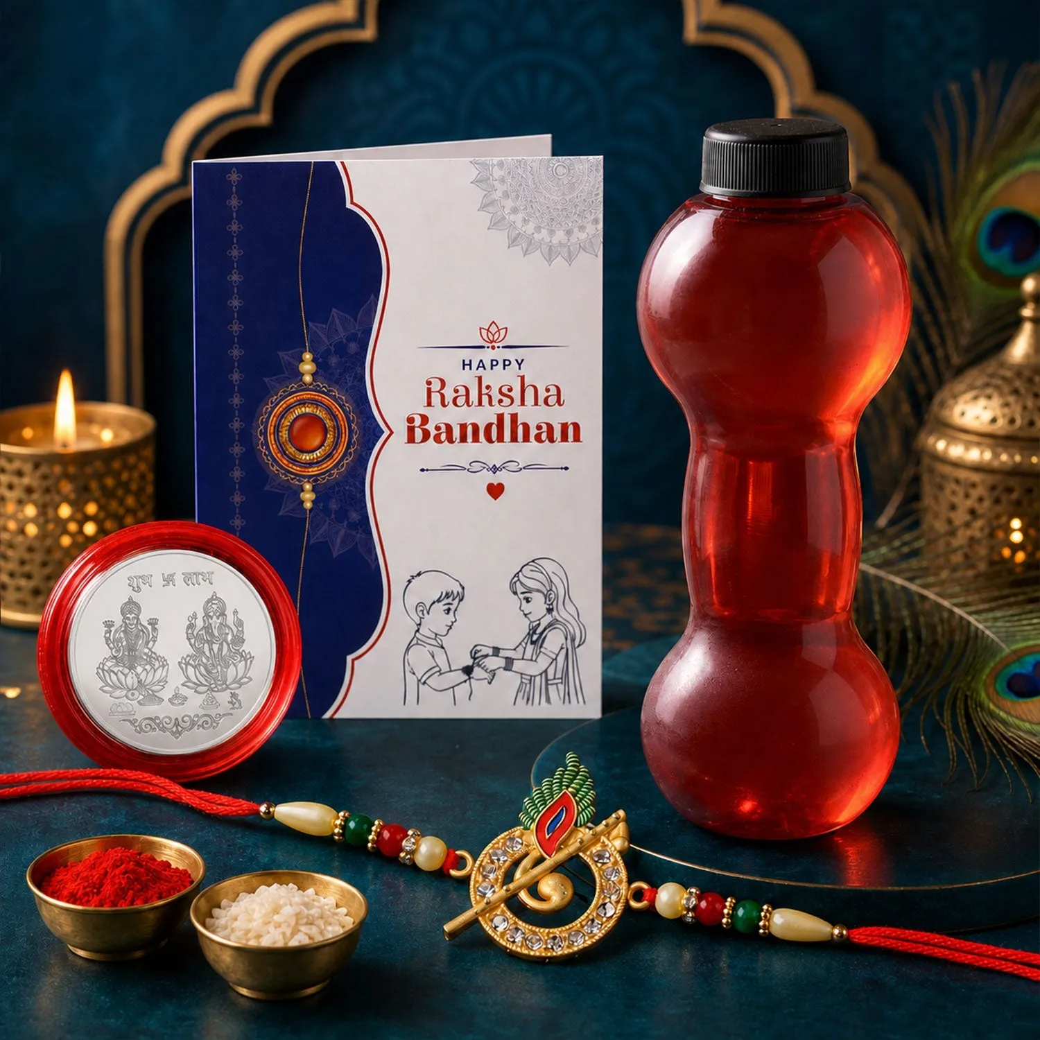 Peacock Design Rakhi with Water Bottle Gift Combo - Detailed Feature View 1