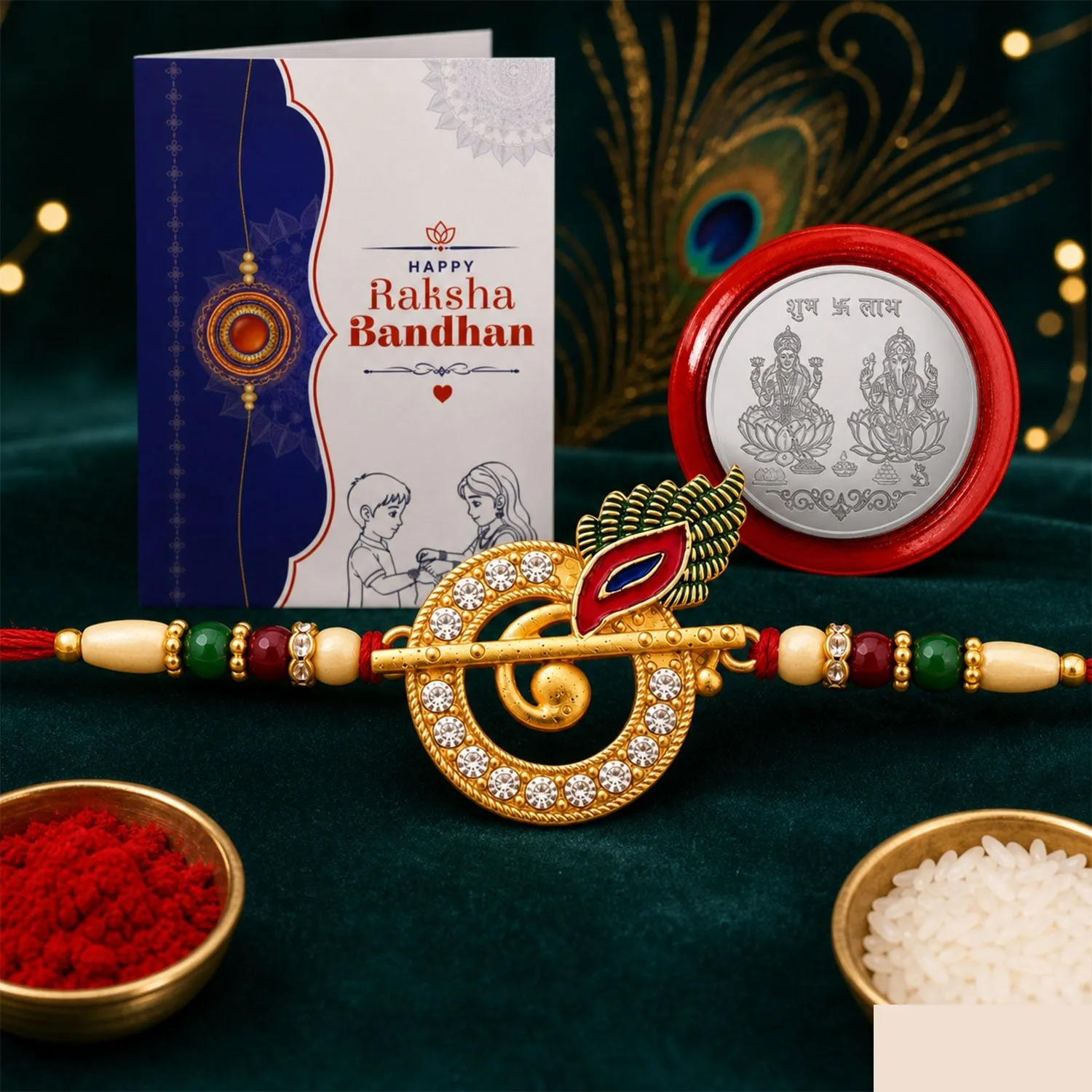 Peacock Design Rakhi with Water Bottle Gift Combo - Detailed Feature View 3