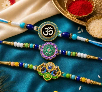 Peacock Om Beaded Rakhi with Traditional Kundan Work (3 Pc)