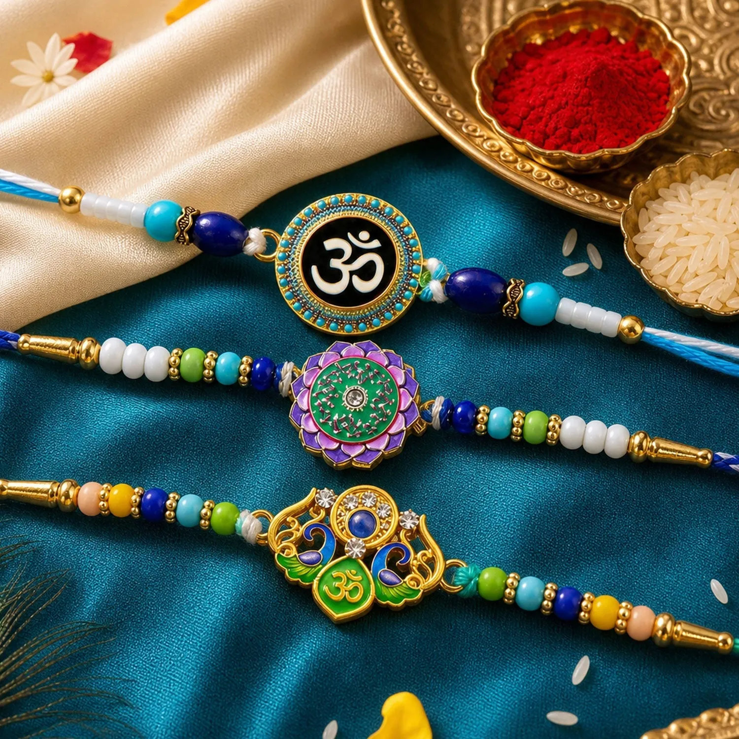 Premium Peacock Om Beaded Rakhi with Traditional Kundan Work (3 Pc) - Buy Online at Alikart