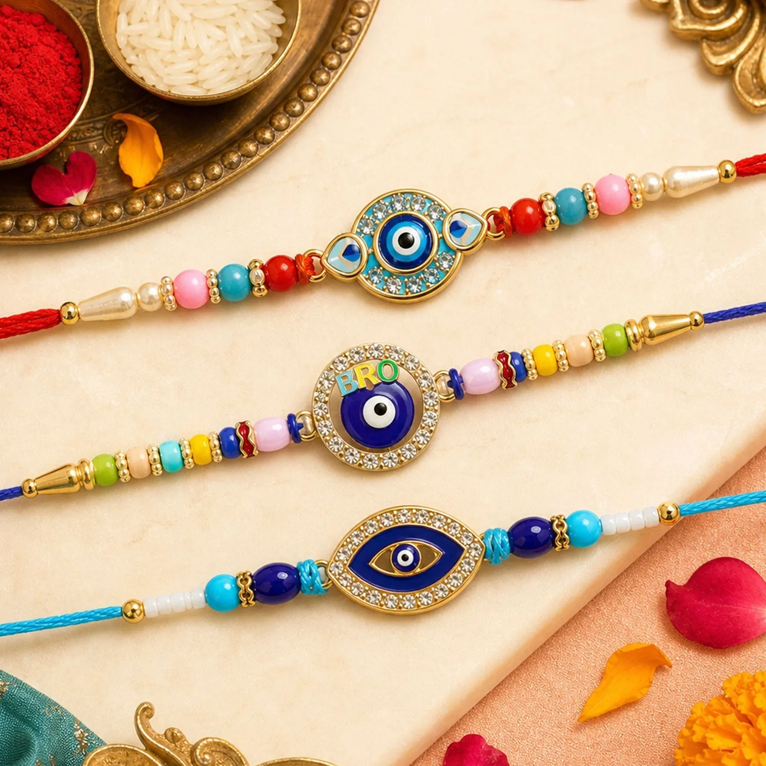 Premium Round Evil Eye Beaded Rakhi with Ornamental Center (3 Pc) - Buy Online at Alikart