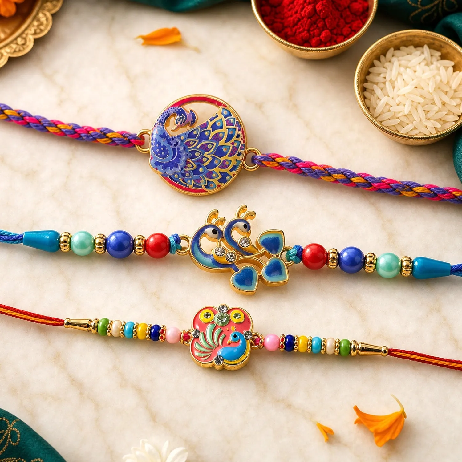 Premium Peacock Stone Beaded Rakhi with Elegant Kundan Work (3 Pc) - Buy Online at Alikart