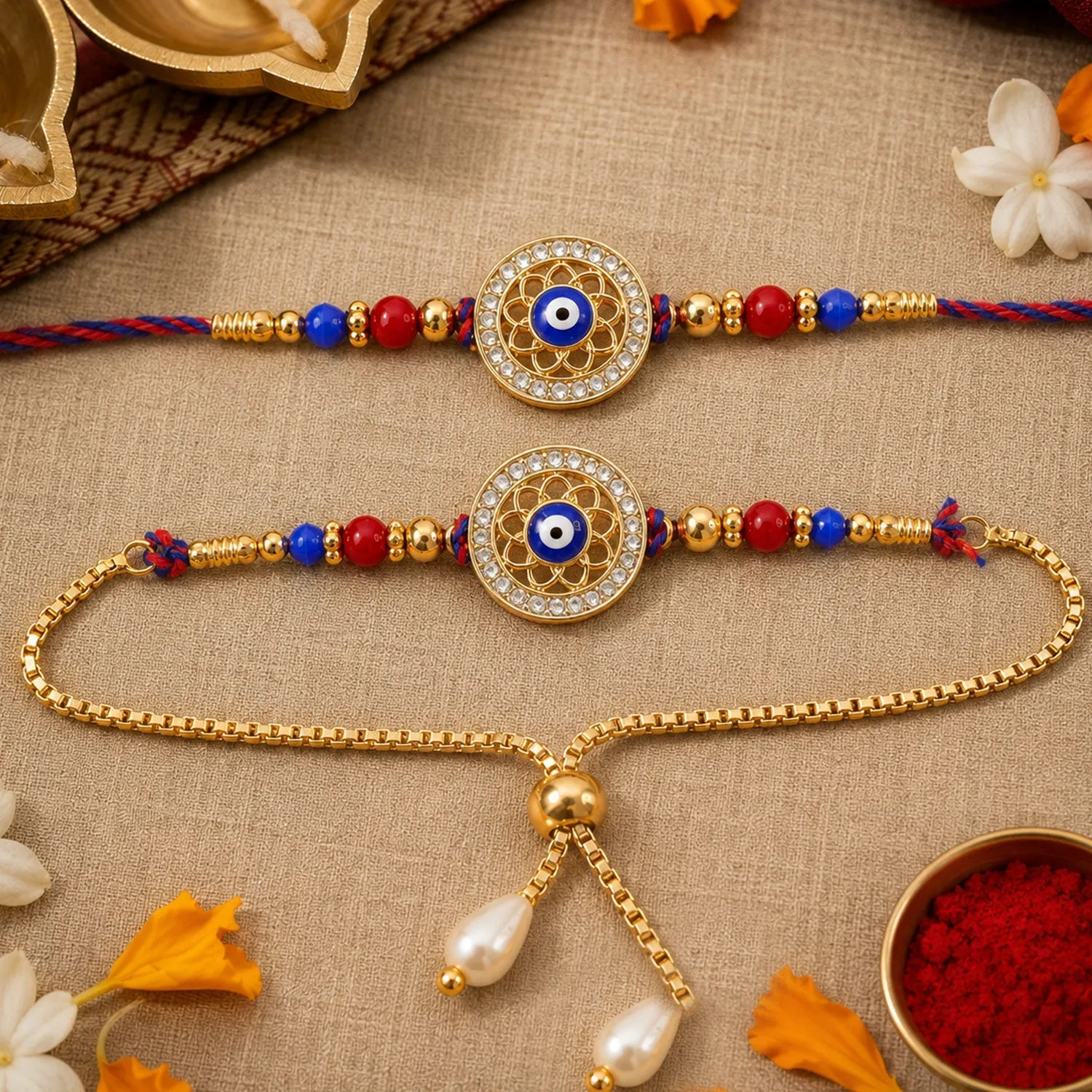 Premium Premium Evil Eye Bhai Bhabhi Lumba Rakhi with Pearl Drop Detail - Buy Online at Alikart