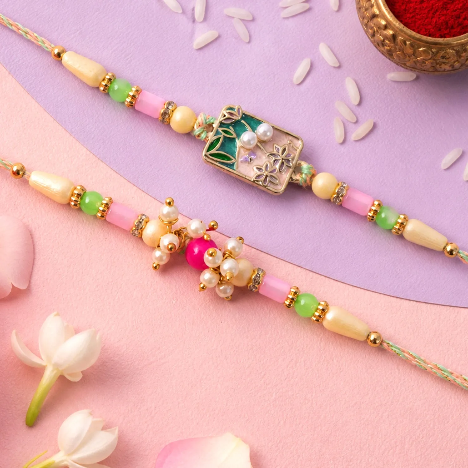 Premium Premium Floral Bhai Bhabhi Lumba Rakhi with Pearl Hanging rakhi - Buy Online at Alikart