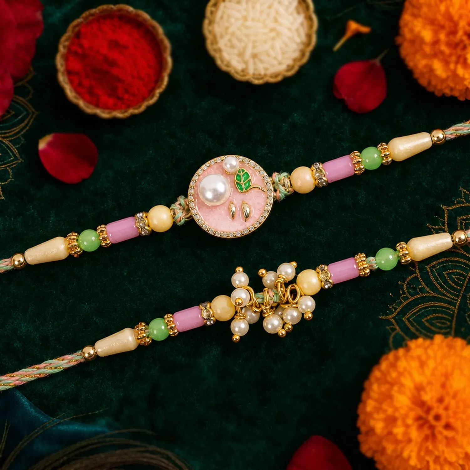 Premium Premium Round Charm Bhai Bhabhi Lumba Rakhi with Pearl Hanging - Buy Online at Alikart