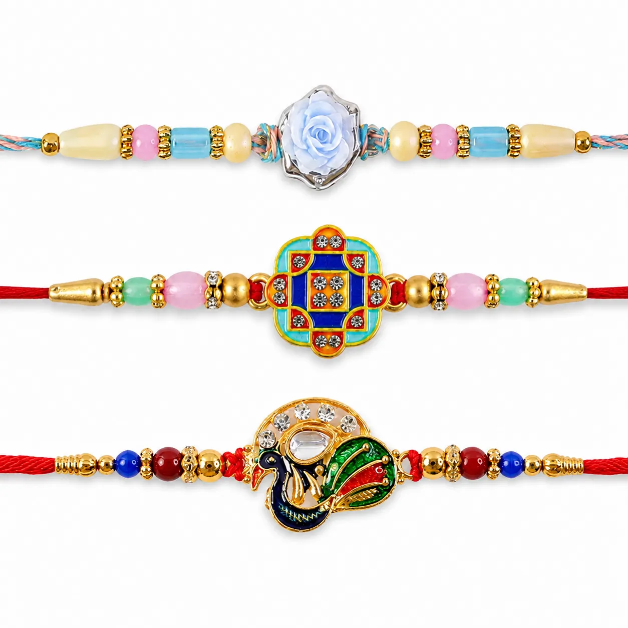 Rose Flower Charm, Geometric Square & Peacock Kundan Rakhi for Brother (3 Pc Set) - Detailed Feature View 4